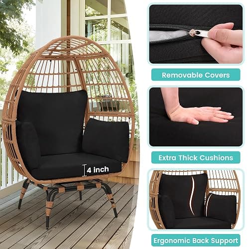 Murago 360°Swivel Indoor/Outdoor Oversized Rattan Egg Chair | Patio Wicker Egg Chair with Overstuffed Cushions, 440lb Weight Capacity, Natural/Black thumbnail 6