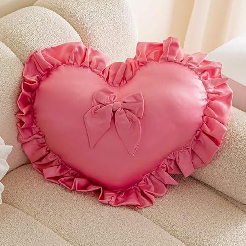 YIGIRL Heart-Shaped Throw Pillow 20×16 Inch Velvet Ruffed Heart Pillow Home Decoration Pillows Cushion for Sofa Bed Chair Living Room Hot Pink - Image 1