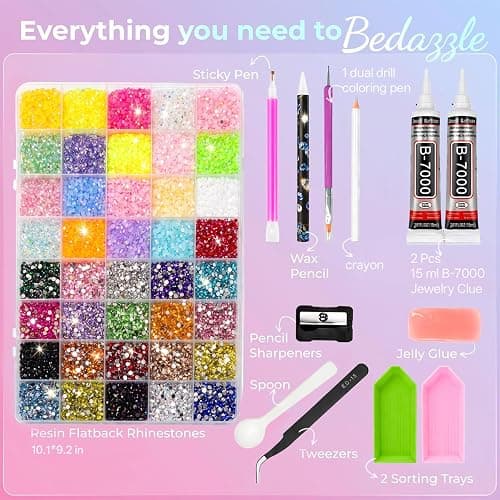 Anbrie Bedazzling kit 38000Pcs Resin Jelly 40 Non-Repeating Colors 3mm Gems | Includes 2pcs 15ml B-7000 glues, 10 crafting tools, flatback gems for DIY crafts, nail decoration, handmade gifts,Blind Box thumbnail 3
