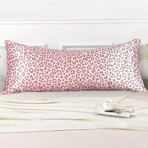LCBD Satin Body Pillow Case for Hair and Skin, Pink Leopard Printed Silk Satin Body Pillowcase Cover, 20x54 Cheetah Print Body Cooling Pillow Cover with Envelope Closure - Image 1