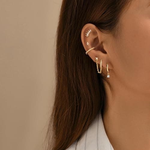 LOFITOR 5 Pairs Sterling Silver Post Stud Hoop Earrings Set Dainty 14k Gold Plated Earrings for Women S925 Green CZ Cartilage Stud Huggie Earring for Multiple Piercing Small Earring Stacks thumbnail 2