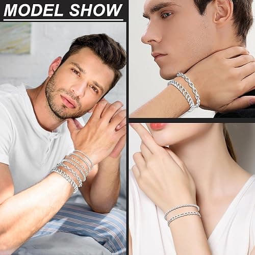 6PCS Stainless Steel Bracelets for Men, Silver Gold Black Sturdy Cuban Link Box Rope Wheat Chain Paperclip Figaro Bracelet for Women Men Jewelry Set thumbnail 5