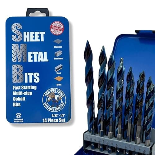Bad Dog 14 Piece Sheet Metal Drill Bit Set Unique Multistep Hardened Cobalt Tip & Armor Steel Hex Shank. Made in The USA. Drill Through Nearly Everything! Hardened Steel, Masonry, Wood, Tile & More. thumbnail 2