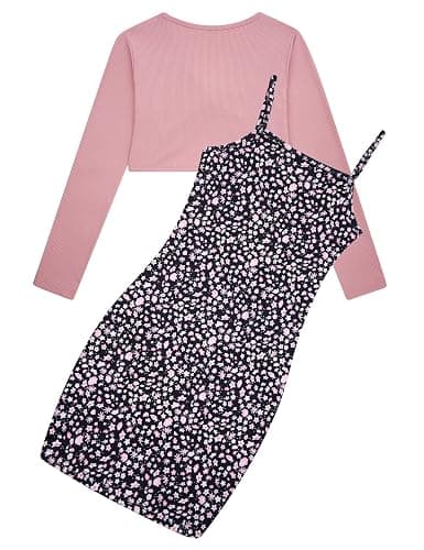 Kimoda Girls 2 Piece Outfits Adjustable Shoulder Strap Cami Dress with Long Sleeve Cardigan Set for 5-14 Years thumbnail 2