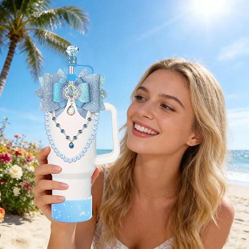 Diamond Bling Accessories for Stanley Cup Tumbler 40oz 30oz 24oz Blue Slate | 7PCS bling tumbler accessories set with bow charm, pearl handle strap, silicone boot, straw covers and charms thumbnail 2