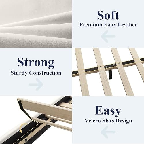 Allewie King Size Bed Frame with Adjustable Headboard, Faux Leather Platform Bed with Wood Slats, Heavy Duty Mattress Foundation, No Box Spring Needed, Noise-Free, Easy Assembly, White thumbnail 5