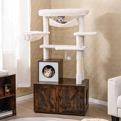 Tangkula Cat Tree with Litter Box Enclosure, Industrial Hidden Litter Box with Cat Tower, Sisal Scratching Posts, Hammock, Hanging Toy and Basket Bed, Condo, Wooden Cat Washroom for Indoor Cats thumbnail 2