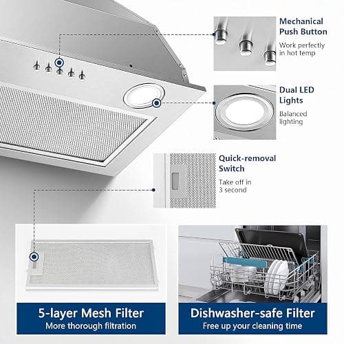 JOEAONZ Range Hood Insert 20 Inch Stainless Steel with 5-layer Mesh Filter, Hood Vent for Kitchen Built-in Mount Dual LED, Ducted/Ductless Convertible Kitchen Exhaust Fan, Push Button Control thumbnail 3
