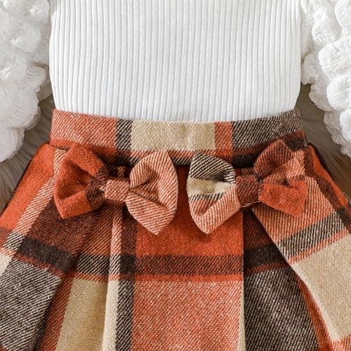 Toddler Baby Girl Plaid Dress Puff Sleeve Bow Patchwork Ribbed Shirts Dress Plaid Fall Winter Outfits with Headband thumbnail 6