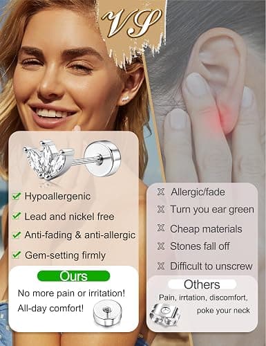LOYALLOOK 925 Sterling Silver Flat Back Stud Earrings for Women Hypoallergenic | 14K Gold Plated Cartilage Earrings for Sensitive Ears | Leaf Flower CZ Helix Tragus Piercing Jewelry for Mother's Day thumbnail 4