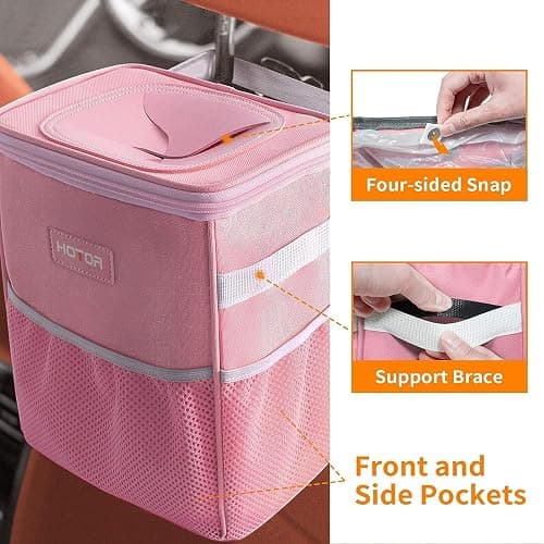 HOTOR Car Trash Can with Lid and Storage Pockets - 100% Leak-Proof Organizer, Waterproof Garbage Can, Multipurpose Trash Bin for Car, 2 Gallons, Pink thumbnail 4
