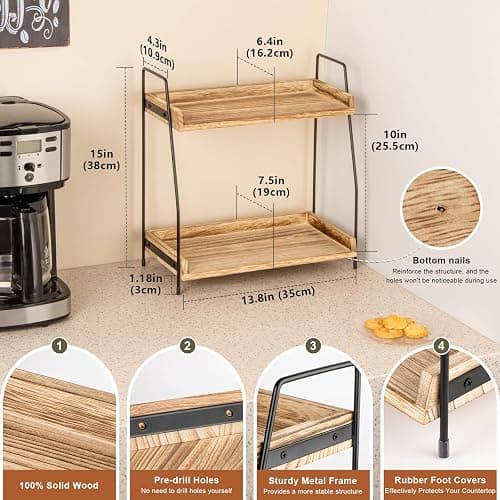 ANBOXIT Coffee Station Organizer for Countertop, 2 Tier Coffee Bar Accessories and Organizer, Wooden Kitchen Storage & Organisation, Countertop Organiser for Kitchen, Home, Office - Brown thumbnail 2
