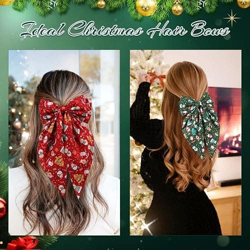 OAOLEER 2PCS Christmas Hair Bows for Women 8 Inch Red Green Satin Layered Hair Clips with Santa Claus and Christmas Tree Pattern Xmas Long Tail French Style Hair Accessories for Girls thumbnail 3