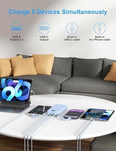 Ffnpua Portable Charger with Wall Plug, 12000mAh USB C Power Bank Fast Charging, External Battery Pack with Built in Cables, Digital Display, 5 Output 4 Input for iPhone Android Cell Phone Tablet thumbnail 7