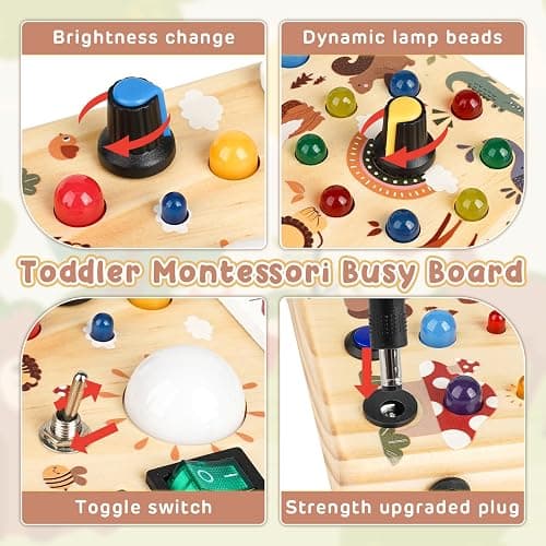Joyreal Wooden Busy Board with LED Lights, Montessori Sensory Toys for Toddlers, Activity Fidget Board Travel Toys for Fine Motor Skills & Learning, Gifts for 1-3 Year Old Boys & Girls (Forest Theme) thumbnail 4