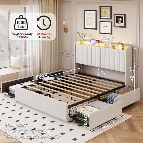 Queen Bed Frame with 4 Drawers and Storage Headboard, Upholstered Platform Bed Frame Queen Size with Led Lights and Handy Charging Station, No Box Spring Needed, Easy Assembly, Noise Free, Beige thumbnail 2