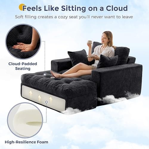 MAXYOYO Oversized Chaise Lounge Sofa, Upholstered Lounge Chair with 3 Pillows, Tufted Boneless Sofa Couch with Ottoman, Deep Seat Sleeper Chair for Living Room, Bedroom, No Assembly, Black thumbnail 7