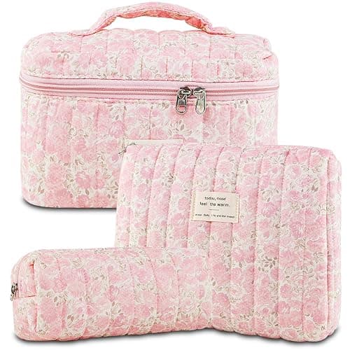 GISMTR 3Pcs Makeup Bag Cotton Quilted Travel Cosmetic Bag Cute Floral Makeup Pouch Large Toiletry Bag for Women Girls (Flowers-Pink3) - Image 1