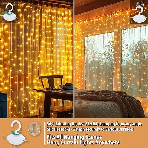 HXWEIYE 300LED Fairy Curtain Lights, 9.8x9.8Ft USB Plug-in 8 Modes Christmas String Hanging Lights with Remote for Bedroom Backdrop Wedding Indoor Wall Decor, Warm White, Standard – 1 Pack thumbnail 3