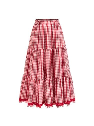 CIDER Women's Gingham Long Skirts Plaid Maxi Skirt Flowy A Line Summer Skirts Casual Trendy - Image 1