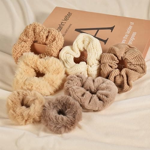 Yonchic 7-Piece Velvet Solid Elastic Hair Ties, Gentle Style Scrunchies for Women Long Thick Hair, No Damage Hair Scrunchies Rubber Bands Accessories (Khaki) thumbnail 2