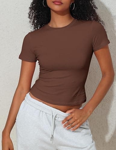 Hilor Women's Casual Basic T-Shirts Going Out Crop Tops Cotton Short Sleeve Tees Tight Fitted Crewneck T Shirts - Coffee - 6-8 thumbnail 5
