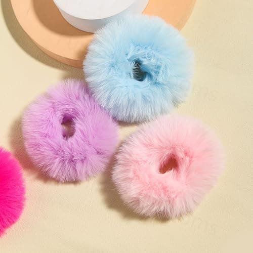 Furling Pompoms Furry Faux Rabbit Fur Hair Scrunchies Artificial Fur Hair Bobbles Elastic Hair Band Rope Wristband Ponytail Accessories Light Pink 2pcs thumbnail 9