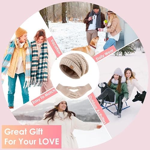 Women's Beanie Hat Gloves Set, Fleece Lined Winter Hat with Touchscreen Gloves for Cold Weather thumbnail 6
