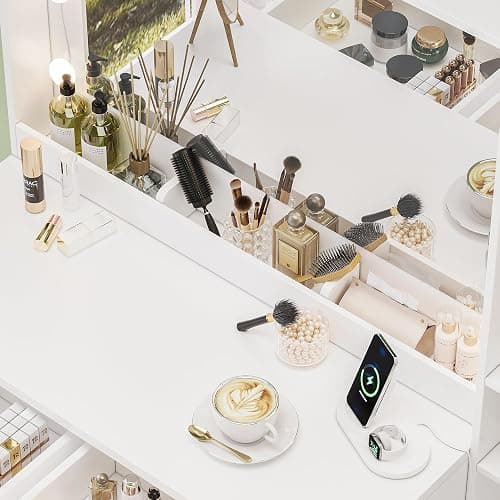 Vanity Desk with Lights, Makeup Vanity Set with Charging Station and Chair, Makeup Vanity with Mirror and 10 LED Lights, Makeup Vanity with Power Strip, Dressing Table Set with 5 Drawers black Handle thumbnail 4