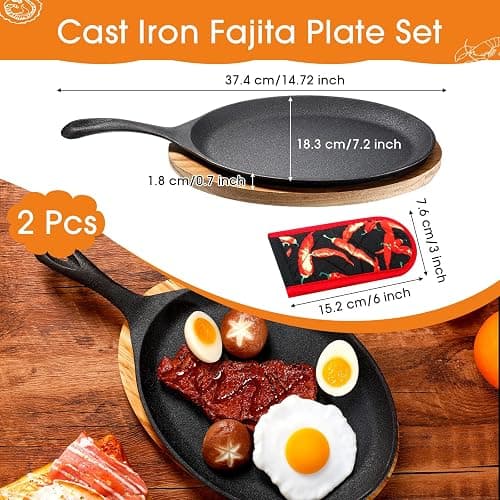 Lallisa 2 Sets Cast Iron Fajita Plate Set Fajita Plate Pan with Wooden Tray Anti Scald Protection Hot Mitt Cast Iron Skillet Set for Home Barbecue Kitchen Party Restaurant Catering Service thumbnail 3