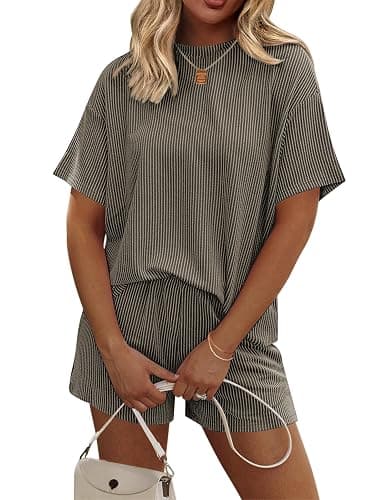 Ekouaer Womens Pajama Sets Short Sleeve Lounge Sets 2 Piece Pjs Tops and Shorts Outfits Matching Loungewear with Pockets - Image 1