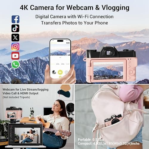 Digital Camera, FHD 4K 75MP WiFi Vlogging Video Camera for YouTube with 3'' 180°Flip Screen, 64GB SD Card, 16x Digital Zoom, 2 Batteries, Point and Shoot Digital Camera for Beginner (Pink) thumbnail 3
