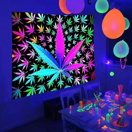 VEIGIKE Cool Trippy Weed Blacklight Tapestry UV Reactive, Neon Tie Dye Marijuana Leaf Cannabis Black Light Art Poster for Men Room Bedroom, Psychedelic Glow in The Dark Blanket Party Decor (60X40) thumbnail 4