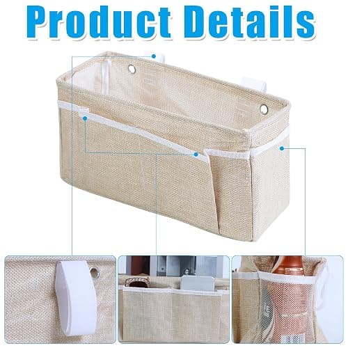 Muximud Bedside Caddy Bedside Storage Organizer, 2 Pack Wall Hanging Storage Bag for Bunk bed Hospital Beds Dorm Bed Rails, Holders Books Glasses Phones Magazine(Beige) thumbnail 6