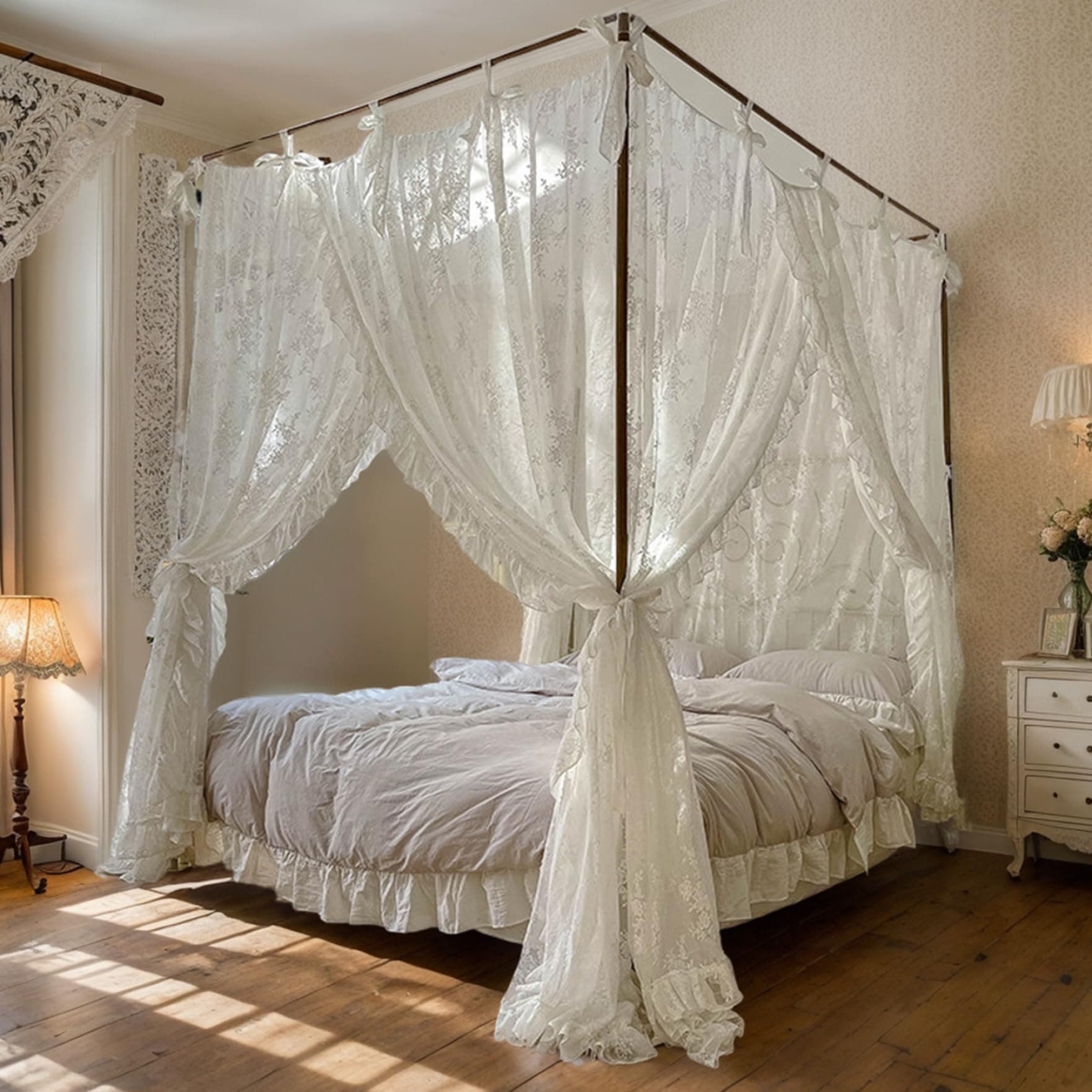 Canopy Bed Curtains Three-Opening Lace Princess Bed Canopy 4 Corner Post Hanging Curtains with Ties Fit 4.92ft thumbnail 6