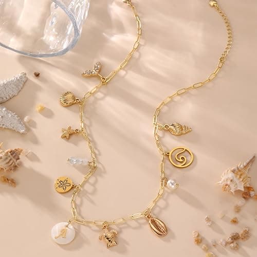 Drogomen Gold Initial Charm Necklace for Women Dainty Boho Shell Starfish Necklace Personalized Letter A-Z Pendant Necklaces Summer Beach Surfer Jewelry Gifts thumbnail 3