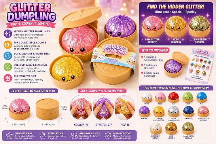 Glitter Squishy Dumpling Set with Bamboo Steamer Box, Multiple Random Colors for Adults Collection，Full Set Glitter Squishy Dumpling Collectible Pack with Steamer Box thumbnail 5
