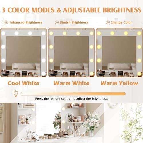YESHOMY Vanity Desk with Mirror, Power Outlet and 10 Lights, Makeup Table with 7 Drawers, 3 Color Modes Available for Bedroom, White thumbnail 5