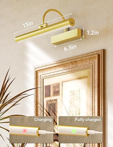 Bridika Picture Light for Wall with Remote, Rechargeable Battery Operated Picture Light, 3 Color Modes and Dimmable Classic Art Lights for Paintings, Gallery, Bedroom, Bathroom with Timer Gold 1 thumbnail 7