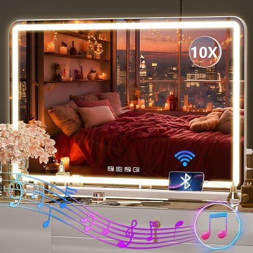 Hasipu Vanity Mirror with Lights and Bluetooth Speaker, 32" x 21.7" LED Makeup Mirror, Lighted Makeup Mirror with Dimmable 3 Modes, USB Charging Port, Round White - Image 1