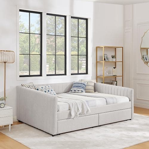 KEIKI Queen Size Linen Upholstery Daybed with 2 Drawers, Modern Style Tufted Corner Sofa Bed Frame with Solid Wooden Slats, Easy Assembly, No Box Spring Required, for Living Room, Bedroom, Beige thumbnail 6