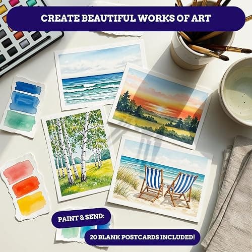 Mikkelhus Professional Watercolor Paint Set – 72 Colors, 20 Blank Postcards, Water Brush, Paintbrush & Sponge – For Kids and Adults thumbnail 7