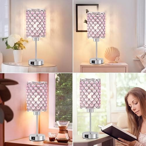 GyroVu Crystal Table Lamp, Pink Touch Lamp with USB C+A Ports, 3 Way Dimmable Lamp with Crystal Shade, Bedside Lamp Small Lamp for Girl Bedroom, Living Room(Buld Included) thumbnail 6