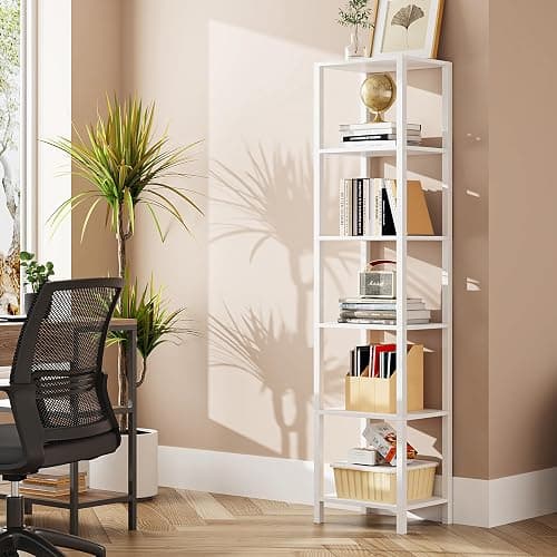 TUTOTAK Bookshelf, 6-Tier Tall Book Shelf, Narrow Bookcase for Small Space, DIY Stackable Bookshelf, for Living Room, Office, Study, Entryway, Industrial, White BS01BW006 - Image 1