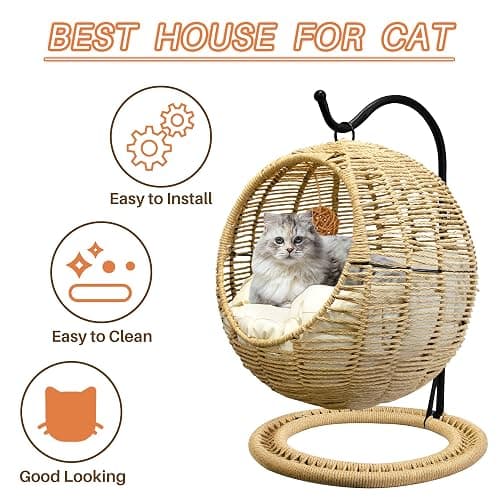 BROWN-BROWN Wicker Cat Bed Indoors & Outdoors, Hand Made Cat Swing Bed with Removable Cushion & Hanging Ball, Washable Pet Swing for Cat, Small Dog, Small Animals thumbnail 6