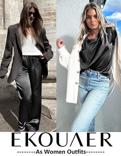 Ekouaer Womens Satin Silky Pajama Set Short Sleeve Shirt with Long Pajama Pant Set Soft PJ Loungewear thumbnail 5