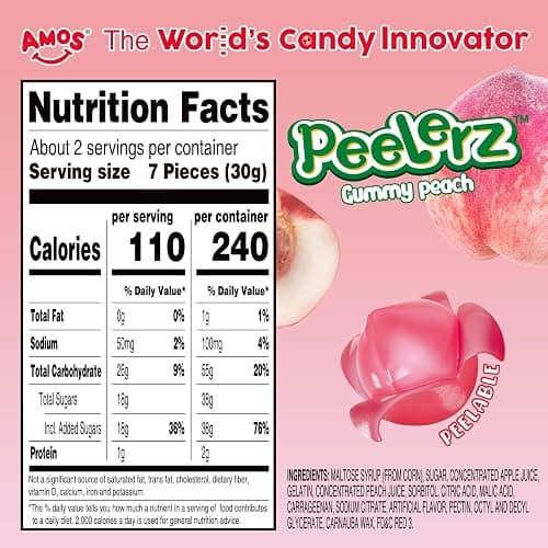 Amos Peelerz Gummy Peach Peeling Candy, Peelable Fruit Snacks, Resealable 6oz Bag thumbnail 2