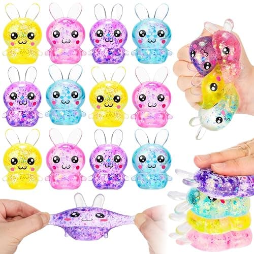 Halloscume 12 Pcs Bunny Squeeze Stress Balls Built-in Sequins Glitter Mental Health Month Basket Stuffers Slow Rising Fidget Bunny Balls Stress Relief for Easter Party Favor Birthday Rabbits Gift - Image 1
