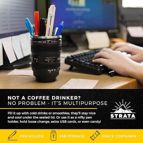 STRATA CUPS Camera Lens Coffee Mug -13.5oz | (2 LIDS + SPOON + BAG) Gift for Him, Dad Gifts, Photography, Camera accessories, Novelty Gifts thumbnail 8