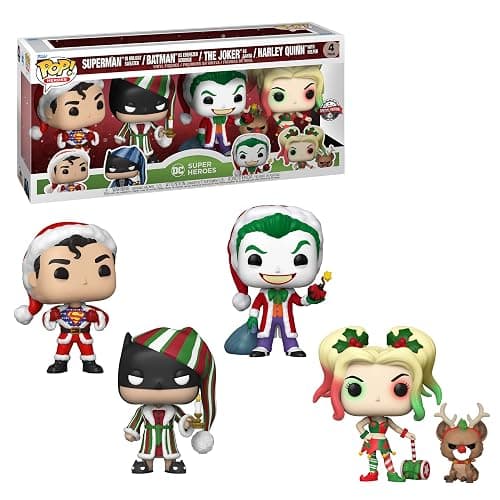 Funko Pop! DC Comics Christmas 4 Pack Special Edition Exclusive Vinyl Figures - Superman in Holiday Sweater, Batman as Ebenezer Scrooge, The Joker as Santa, Harley Quinn with Helper - Image 1